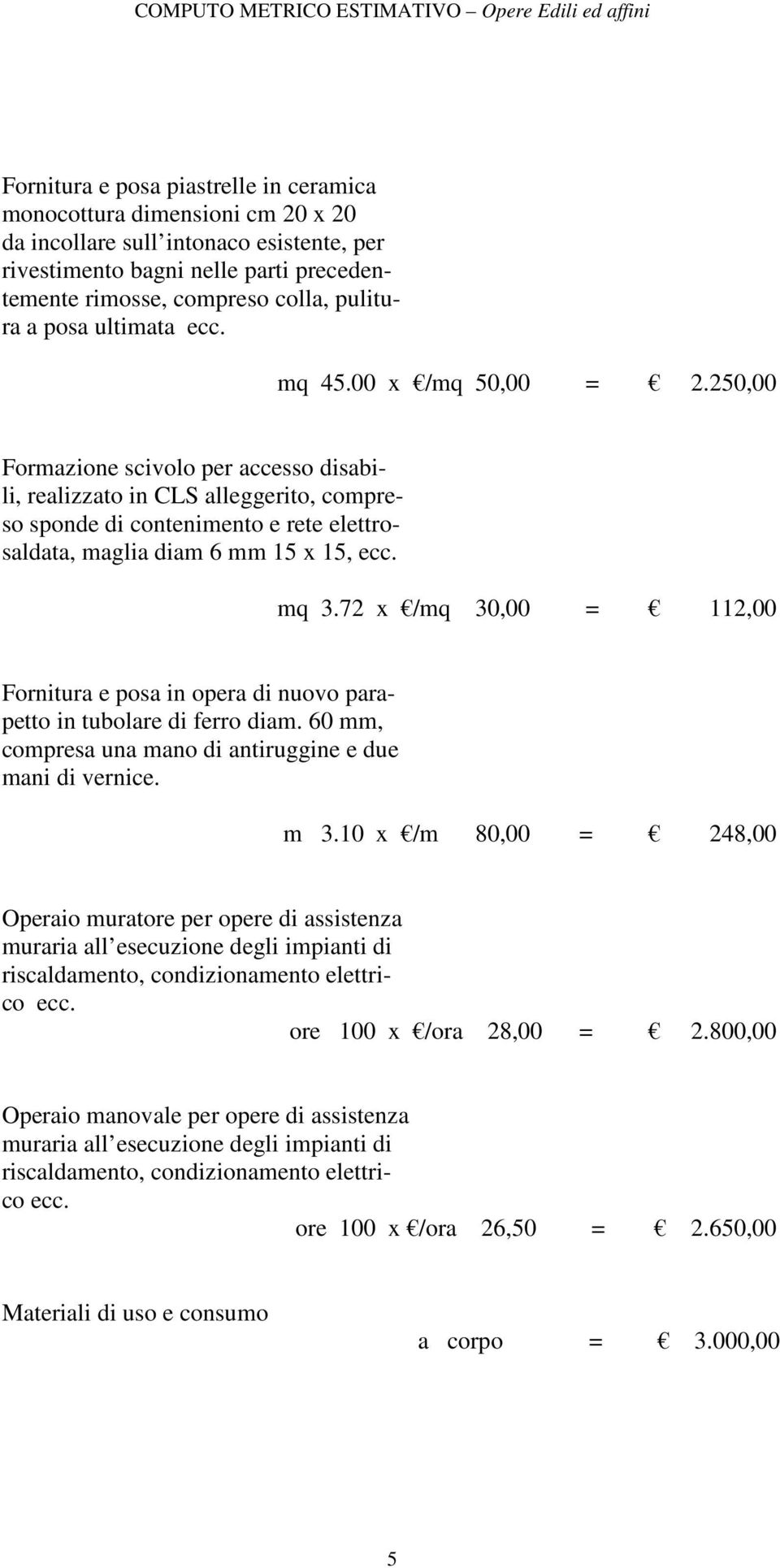 250,00 Formazione scivolo per accesso disabili, realizzato in CLS alleggerito, compreso sponde di contenimento e rete elettrosaldata, maglia diam 6 mm 15 x 15, ecc. mq 3.