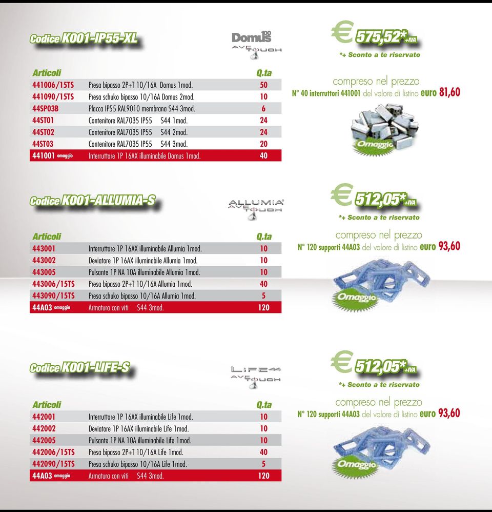 40 compreso nel prezzo N 40 interruttori 441001 del valore di listino euro 81,60 Codice K001-ALLUMIA-S P512,05*+IVA 443001 Interruttore 1P 16AX illuminabile Allumia 1mod.