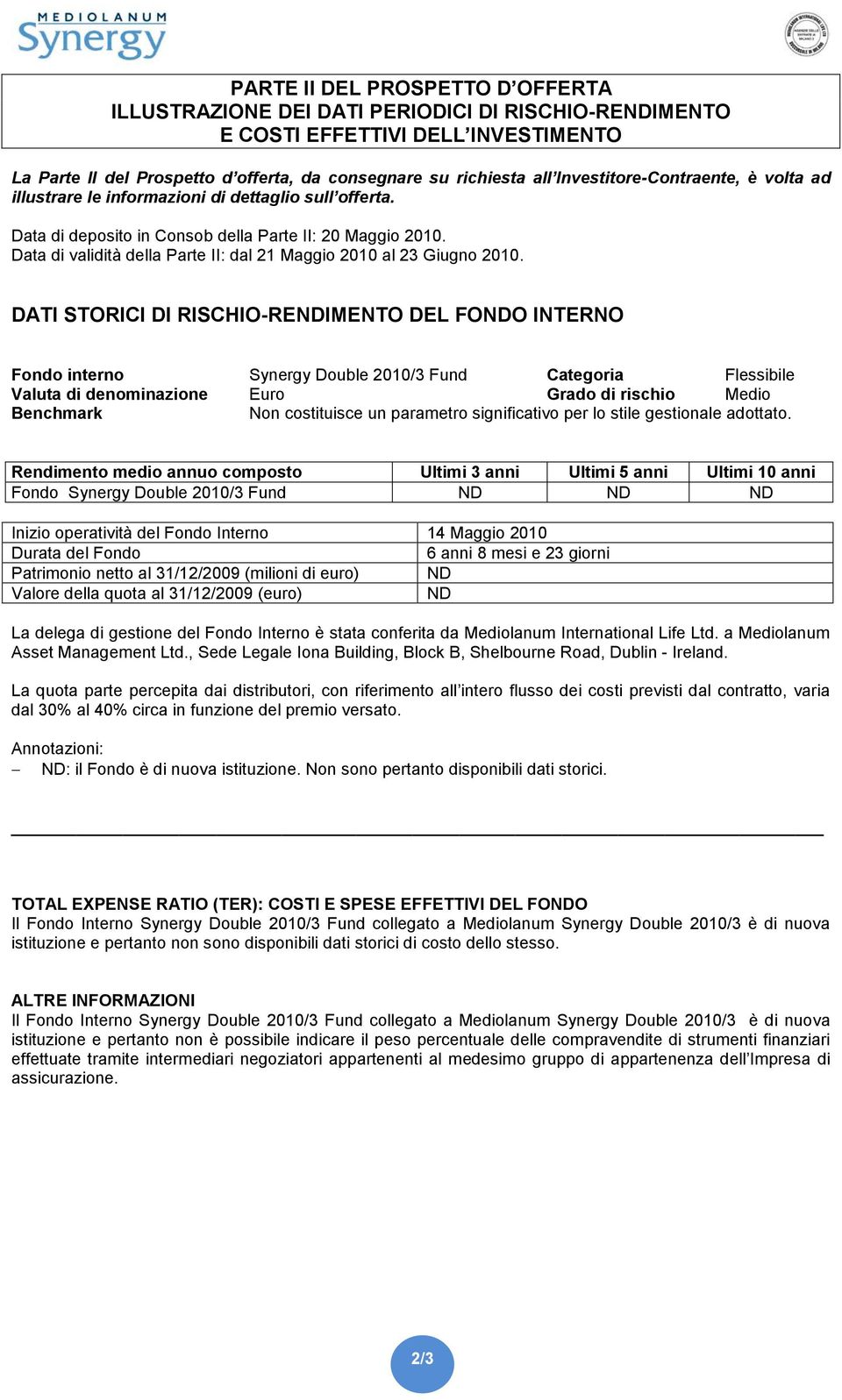 Data di validità della Parte II: dal 21 Maggio 2010 al 23 Giugno 2010.