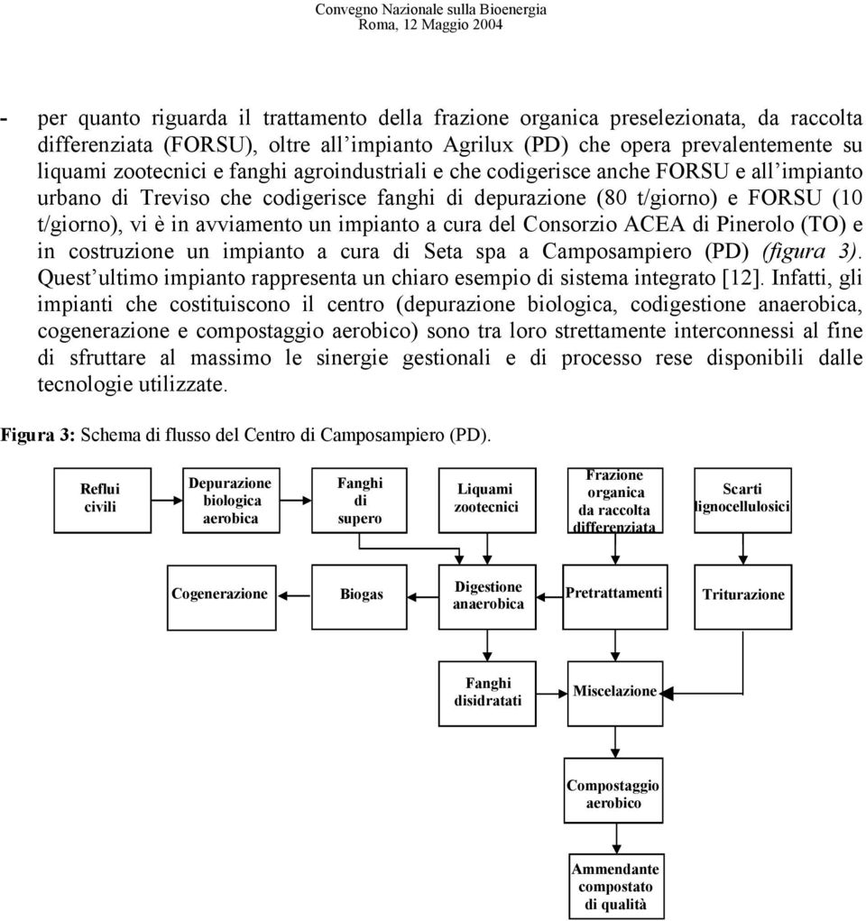 del Consorzio ACEA di Pinerolo (TO) e in costruzione un impianto a cura di Seta spa a Camposampiero (PD) (figura 3). Quest ultimo impianto rappresenta un chiaro esempio di sistema integrato [12].