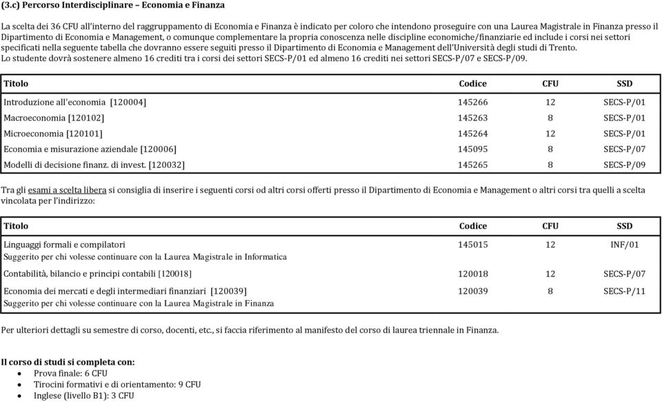 seguente tabella che dovranno essere seguiti presso il Dipartimento di Economia e Management dell Università degli studi di Trento.