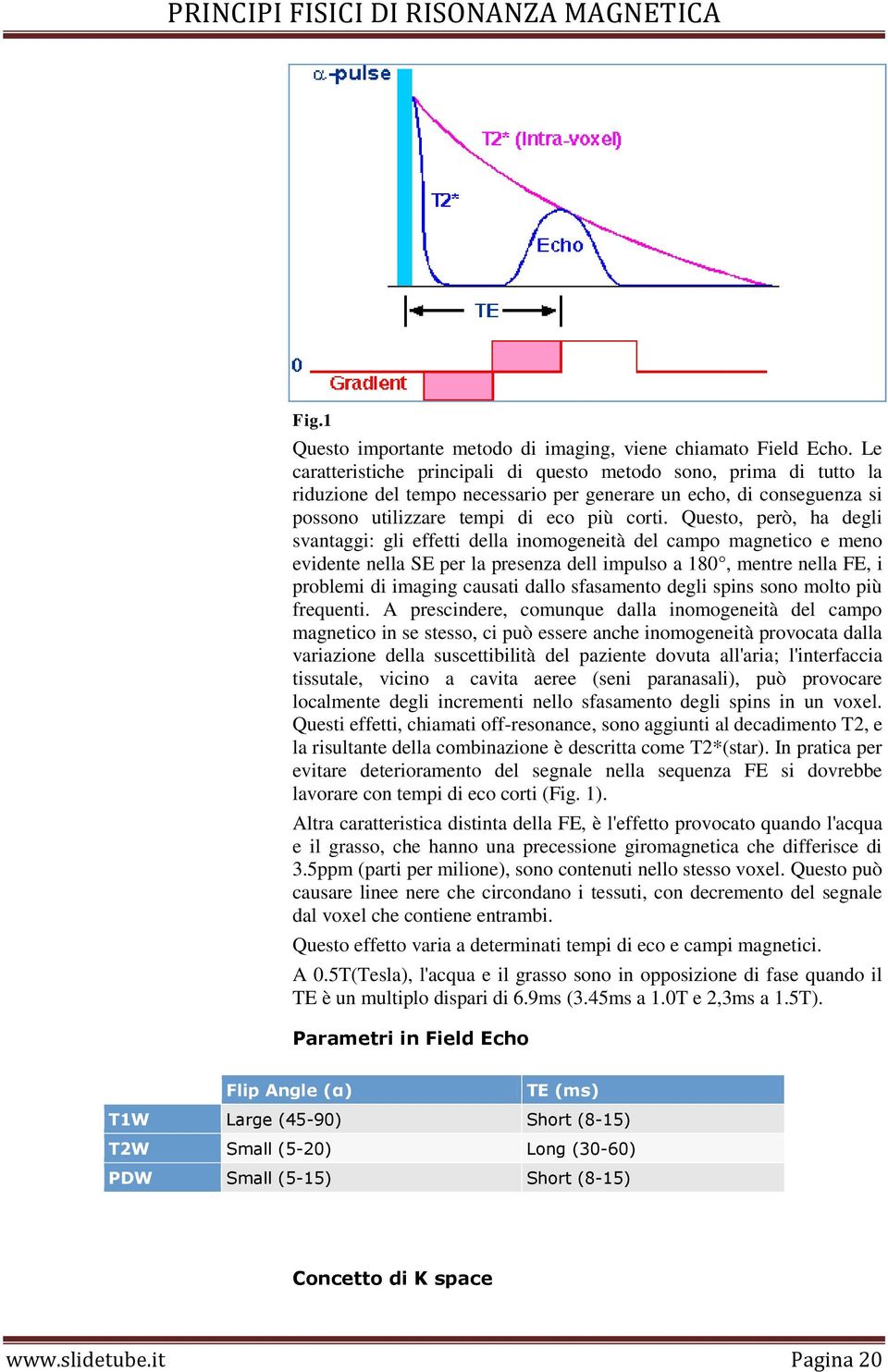 Questo, però, ha degli svantaggi: gli effetti della inomogeneità del campo magnetico e meno evidente nella SE per la presenza dell impulso a 180, mentre nella FE, i problemi di imaging causati dallo