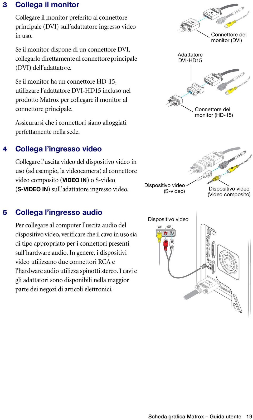 Adattatore DVI-HD15 Connettore del monitor (DVI) Se il monitor ha un connettore HD-15, utilizzare l adattatore DVI-HD15 incluso nel prodotto Matrox per collegare il monitor al connettore principale.