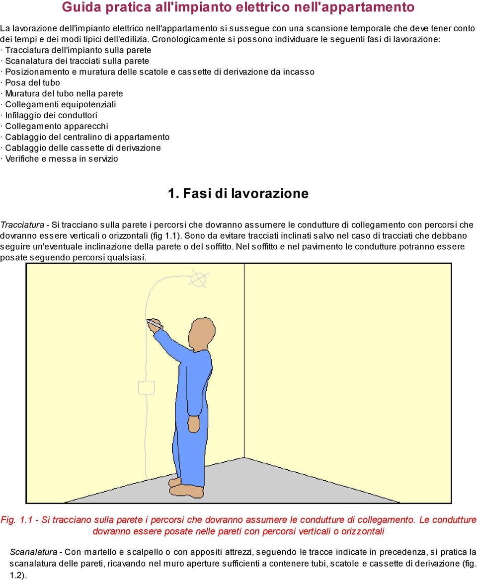 Cronologicamente si possono individuare le seguenti fasi di lavorazione: Tracciatura dell'impianto sulla parete Scanalatura dei tracciati sulla parete Posizionamento e muratura delle scatole e