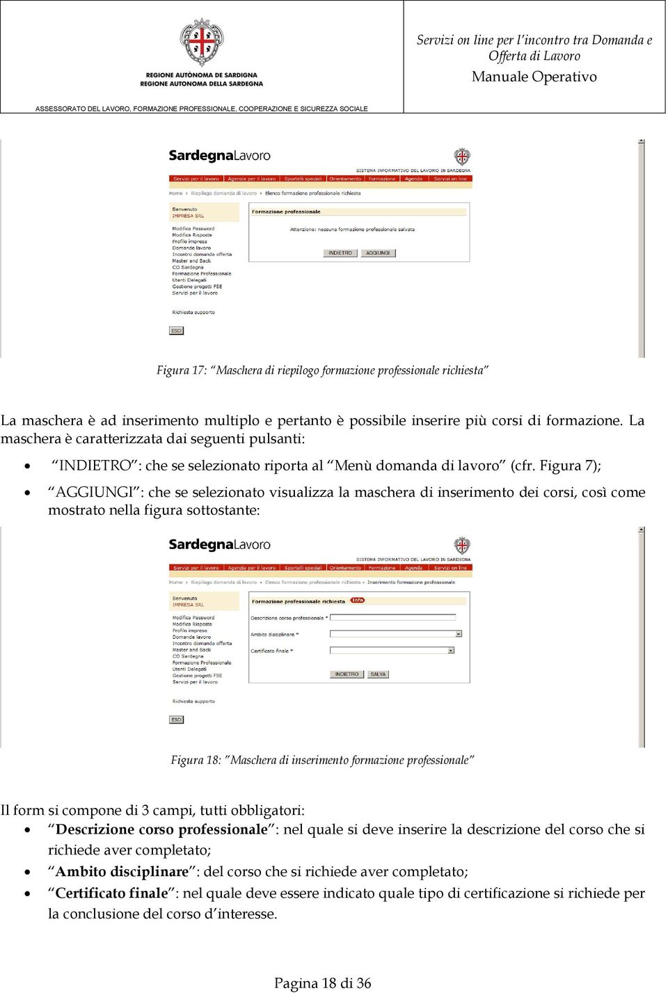 Figura 7); AGGIUNGI : che se selezionato visualizza la maschera di inserimento dei corsi, così come mostrato nella figura sottostante: Figura 18: Maschera di inserimento formazione professionale Il