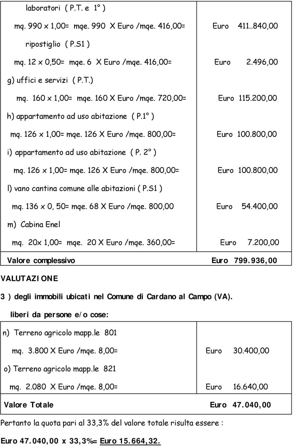 126 x 1,00= mqe. 126 X Euro /mqe. 800,00= Euro 100.800,00 l) vano cantina comune alle abitazioni ( P.S1 ) mq. 136 x 0, 50= mqe. 68 X Euro /mqe. 800,00 Euro 54.400,00 m) Cabina Enel mq. 20x 1,00= mqe.