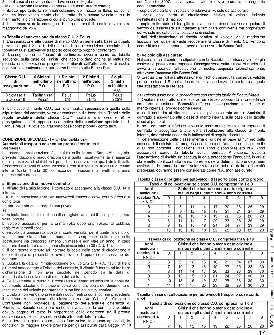 In mancanza della consegna di tali documenti il premio dovuto sarà maggiorato del 25%. h) Tabella di conversione da classe C.U.