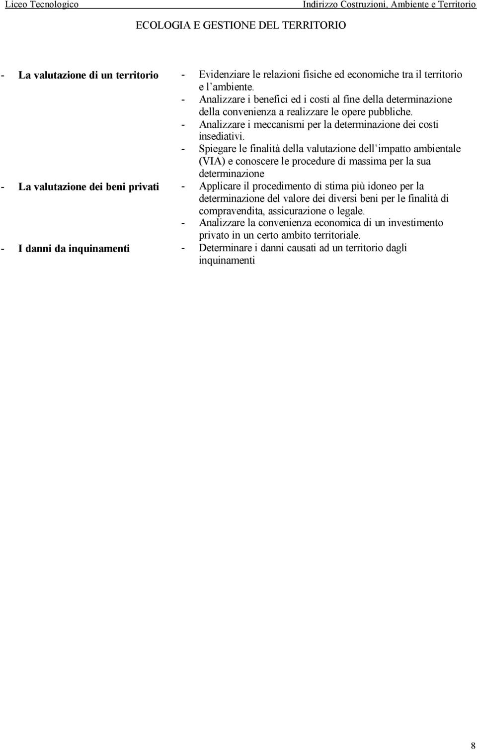 - Spiegare le finalità della valutazione dell impatto ambientale (VIA) e conoscere le procedure di massima per la sua determinazione - La valutazione dei beni privati - Applicare il procedimento di