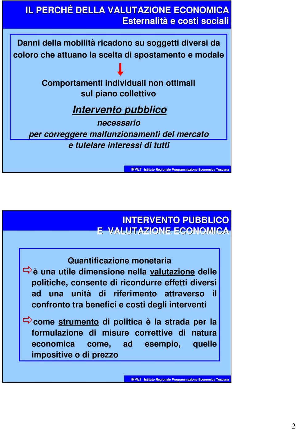 ECONOMICA Quantificazione monetaria è una utile dimensione nella valutazione delle politiche, consente di ricondurre effetti diversi ad una unità di riferimento attraverso il confronto