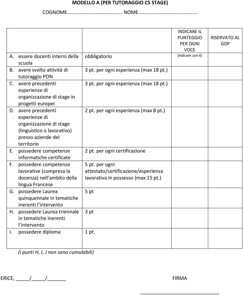 per ogni esperienza (max 8 pt.) esperienze di organizzazione di stage (linguistico o lavorativo) presso aziende del territorio E. possedere competenze 2 pt.