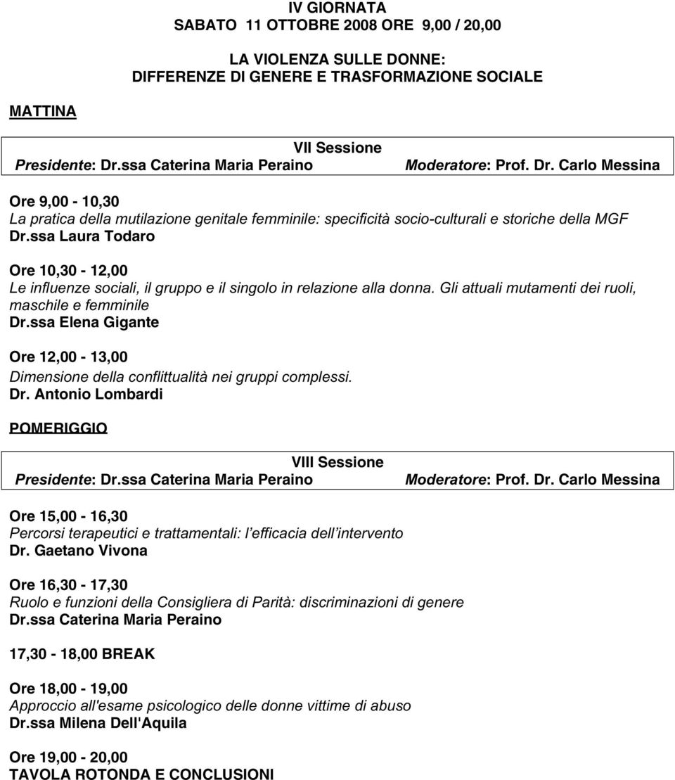 ssa Laura Todaro Ore 10,30-12,00 Le influenze sociali, il gruppo e il singolo in relazione alla donna. Gli attuali mutamenti dei ruoli, maschile e femminile Dr.