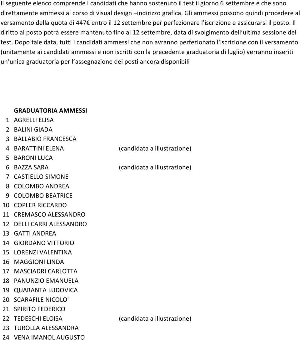 Il diritto al posto potrà essere mantenuto fino al 12 settembre, data di svolgimento dell ultima sessione del test.