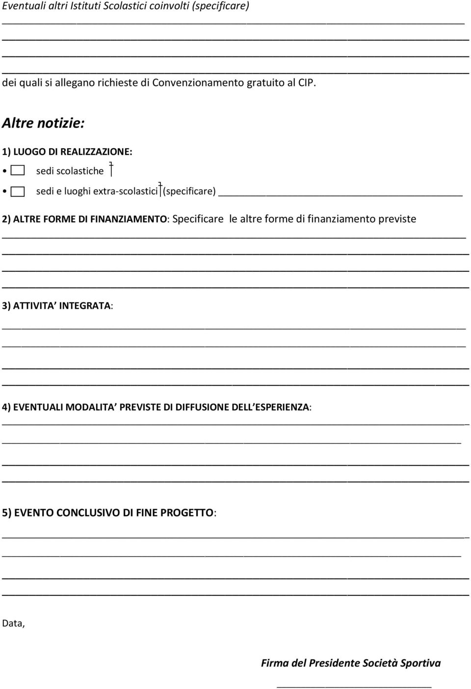 Altre notizie: 1) LUOGO DI REALIZZAZIONE: sedi scolastiche sedi e luoghi extra-scolastici (specificare) 2) ALTRE FORME DI