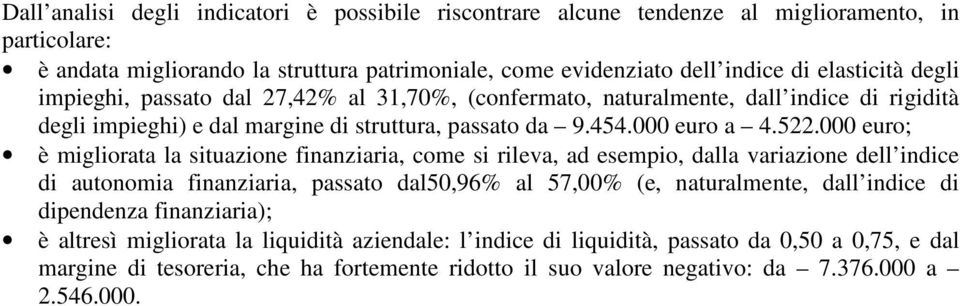 euro; è migliorata la situazione finanziaria, come si rileva, ad esempio, dalla variazione dell indice di autonomia finanziaria, passato dal50,96% al 57,00% (e, naturalmente, dall indice di