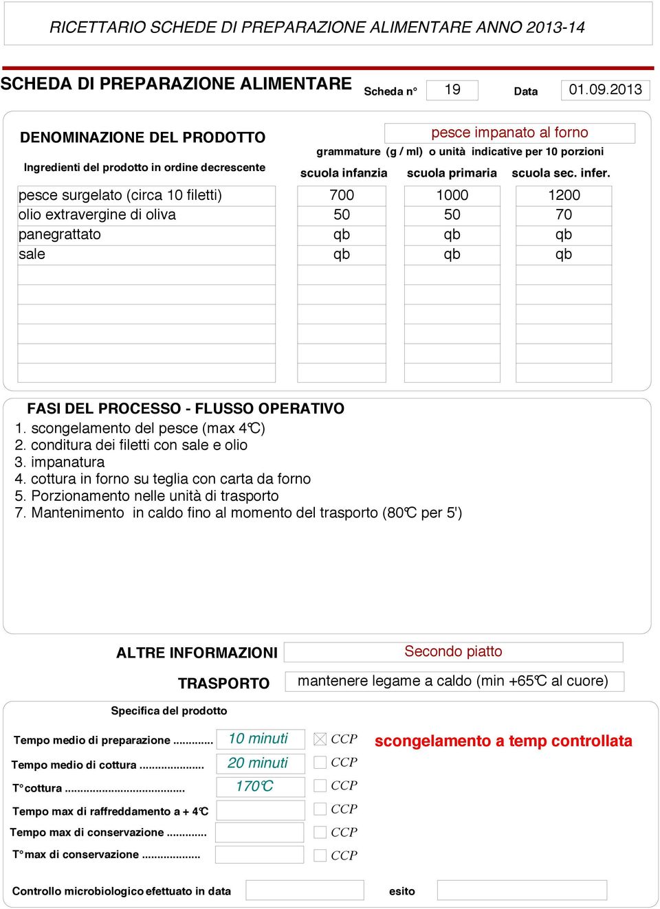 1200 1. scongelamento del pesce (max 4 C) 2. conditura dei filetti con sale e olio 3. impanatura 4.