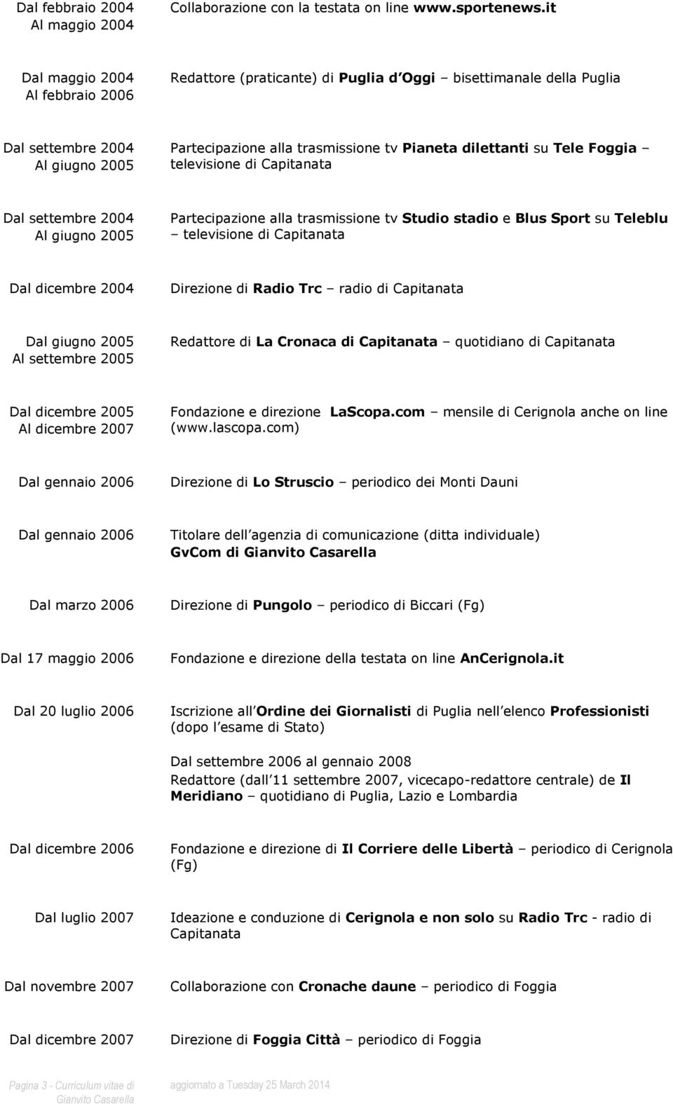 Foggia televisione di Capitanata Dal settembre 2004 Al giugno 2005 Partecipazione alla trasmissione tv Studio stadio e Blus Sport su Teleblu televisione di Capitanata Dal dicembre 2004 Direzione di