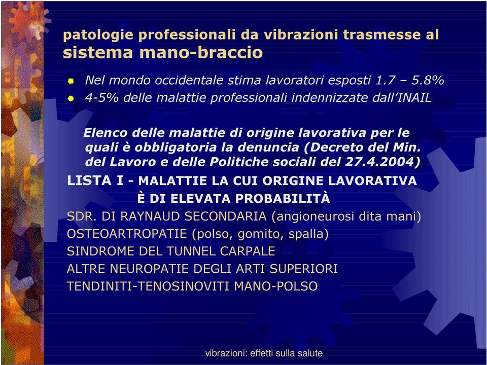 (Decreto del Min. del Lavoro e delle Politiche sociali del 27.4.2004) LISTA I - MALATTIE LA CUI ORIGINE LAVORATIVA È DI ELEVATA PROBABILITÀ SDR.