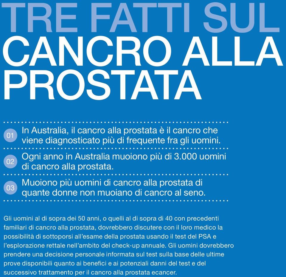 Gli uomini al di sopra dei 50 anni, o quelli al di sopra di 40 con precedenti familiari di cancro alla prostata, dovrebbero discutere con il loro medico la possibilità di sottoporsi all esame della