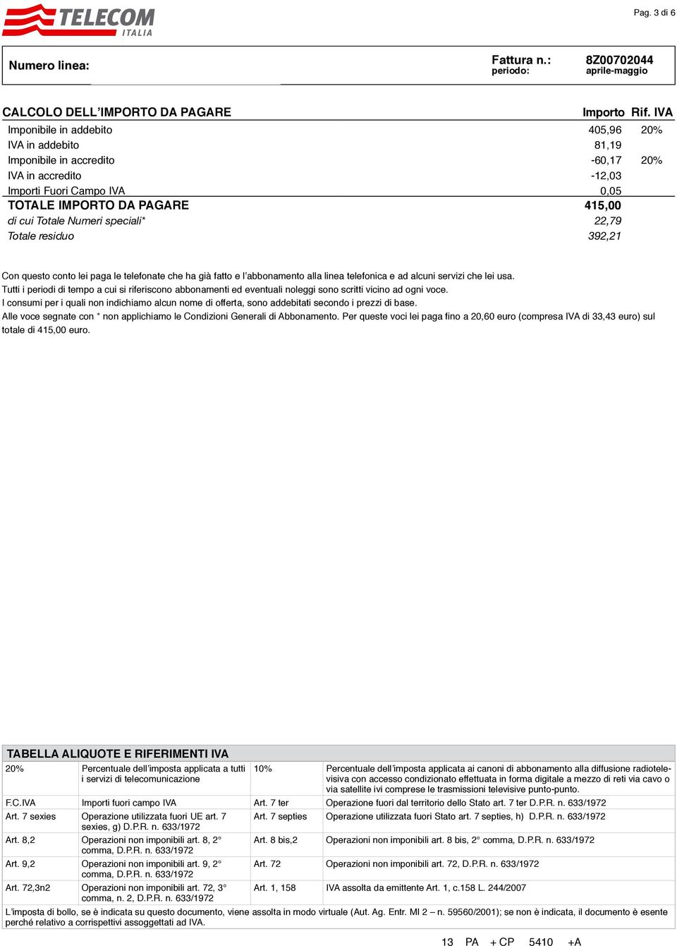 Numeri speciali* 22,79 Totale residuo 392,21 Con questo conto lei paga le telefonate che ha già fatto e l abbonamento alla linea telefonica e ad alcuni servizi che lei usa.