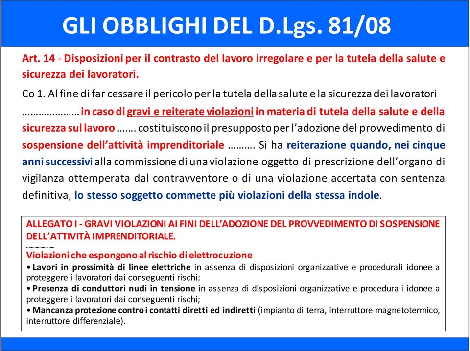 costituiscono il presupposto per l adozione del provvedimento di sospensione dell attività imprenditoriale.