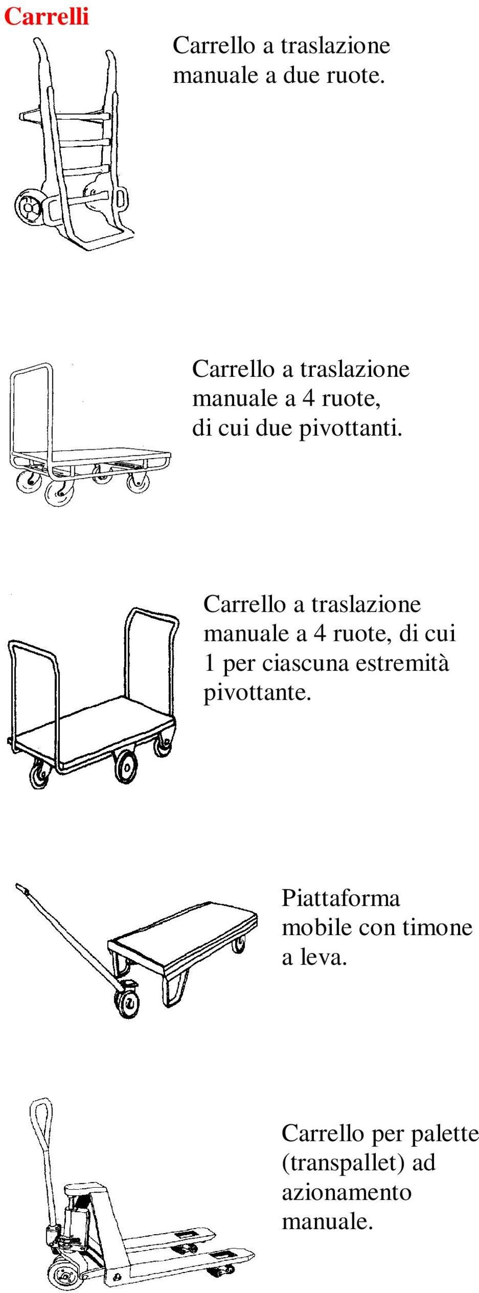 Carrello a traslazione manuale a 4 ruote, di cui 1 per ciascuna estremità