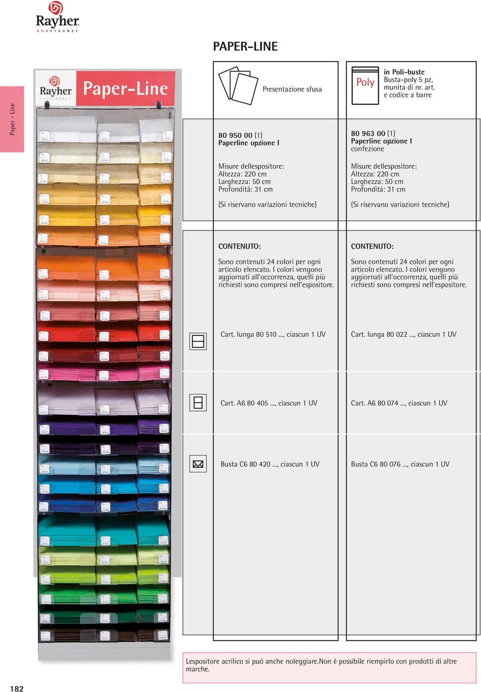 I colori vengono aggiornati all occorrenza, quelli più richiesti sono compresi nell espositore. Sono contenuti 24 colori per ogni articolo elencato.