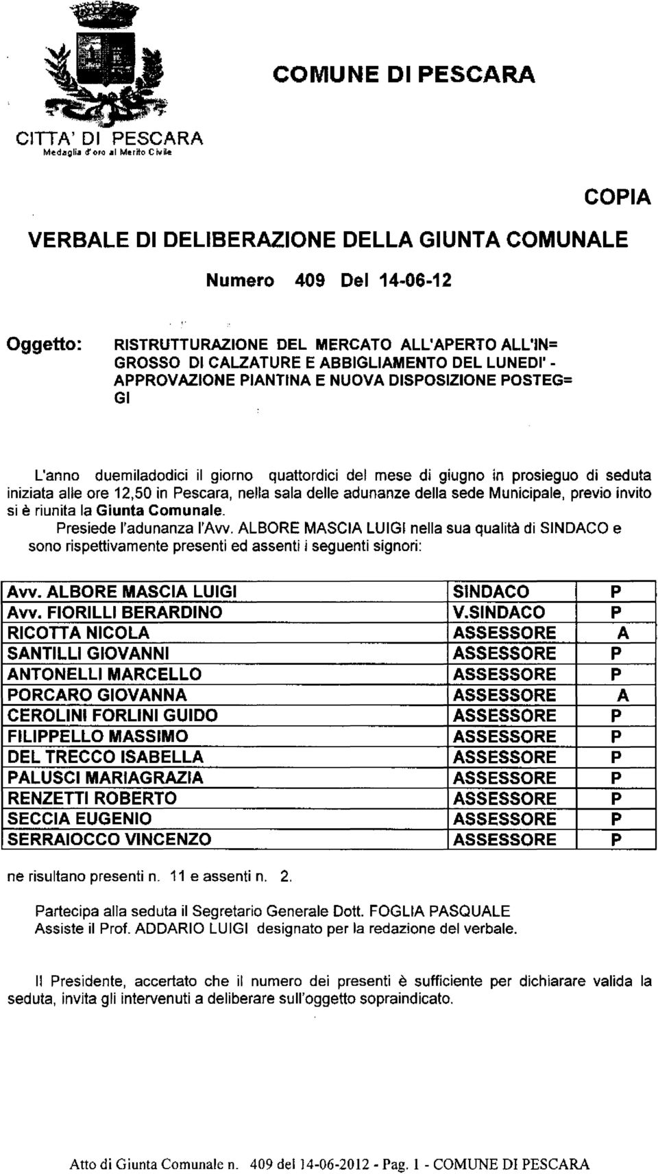 ABBIGLIAMENTO DEL LUNEDI' APPROVAZIONE PIANTINA E NUOVA DISPOSIZIONE POSTEG= GI L'anno duemiladodici il giorno quattordici del mese di giugno in prosieguo di seduta iniziata aue ore 12t50 ìn Pescara,