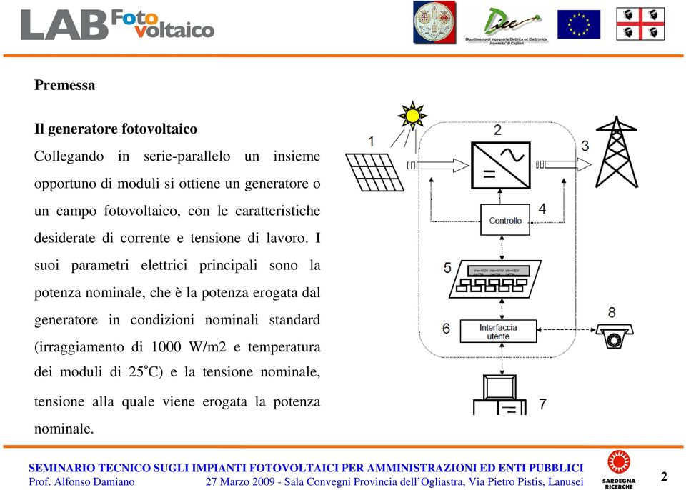 I suoi parametri elettrici principali sono la potenza nominale, che è la potenza erogata dal generatore in condizioni nominali standard