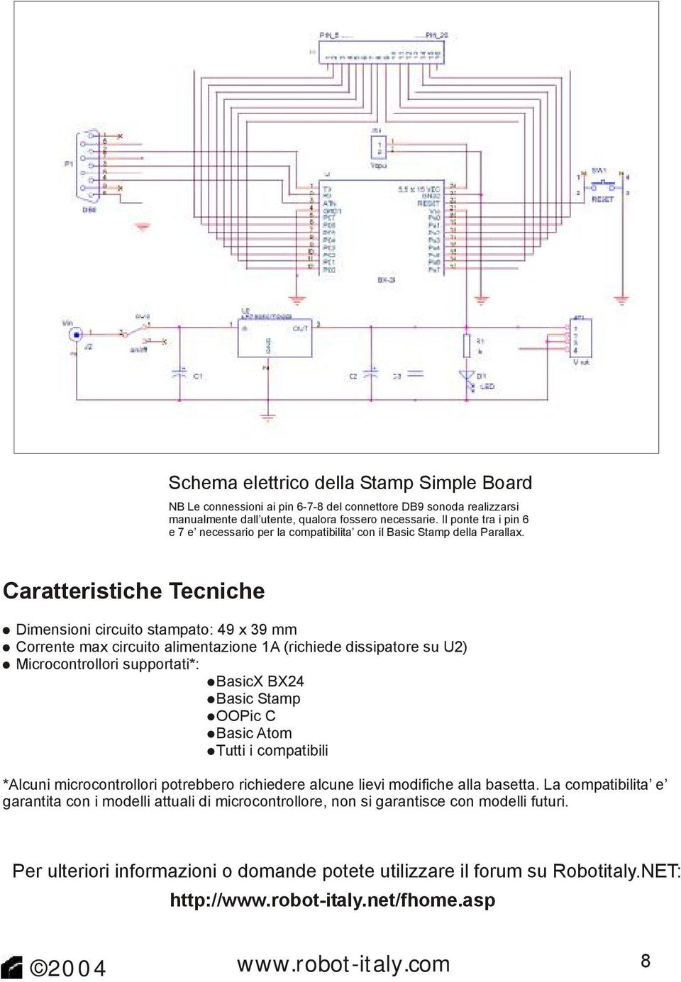 Caratteristiche Tecniche Dimensioni circuito stampato: 49 x 39 mm Corrente max circuito alimentazione 1A (richiede dissipatore su U2) Microcontrollori supportati*: BasicX BX24 Basic Stamp OOPic C