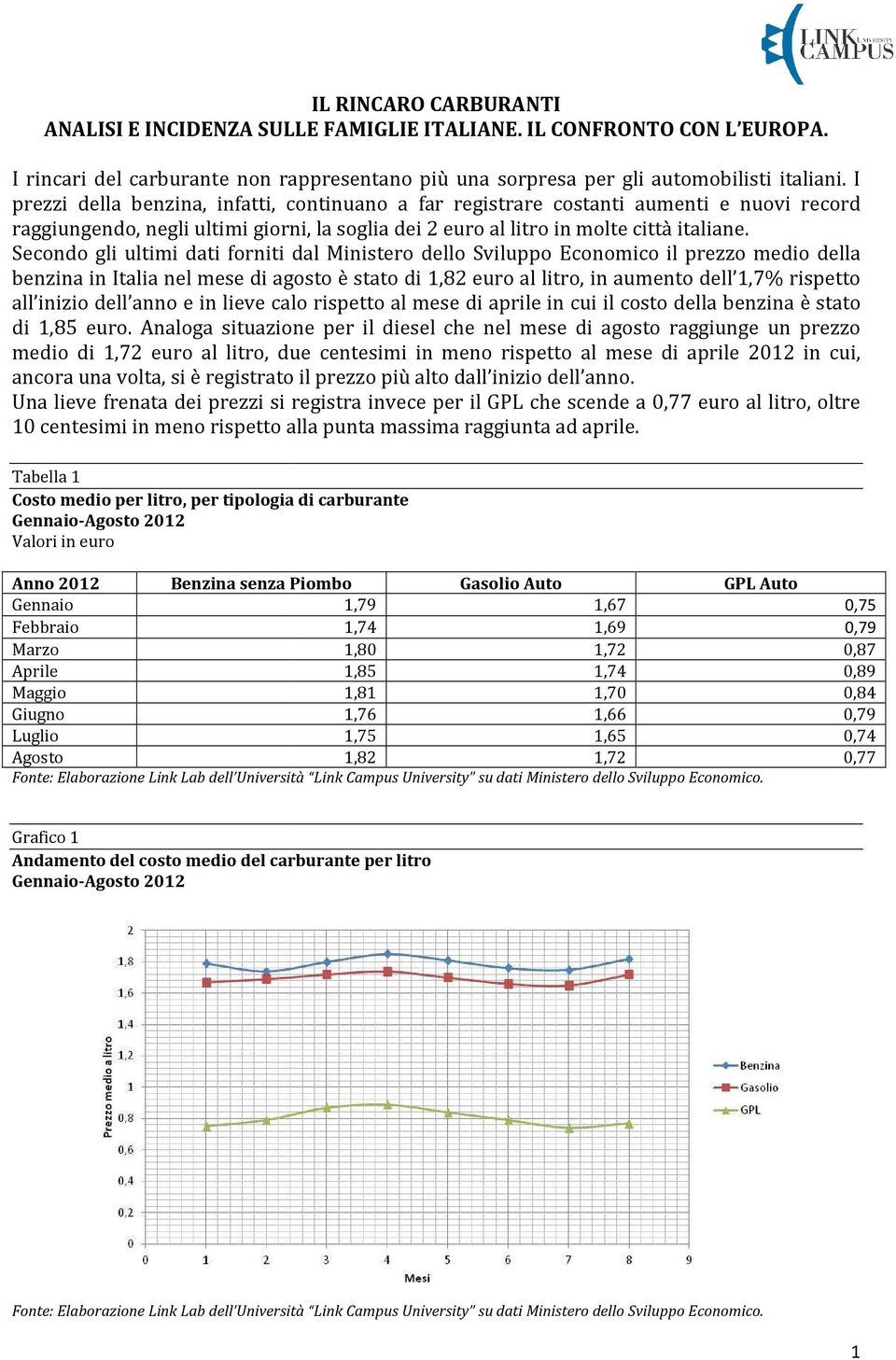 Secondo gli ultimi dati forniti dal Ministero dello Sviluppo Economico il prezzo medio della benzina in Italia nel mese di agosto è stato di 1,82 euro al litro, in aumento dell 1,7% rispetto all