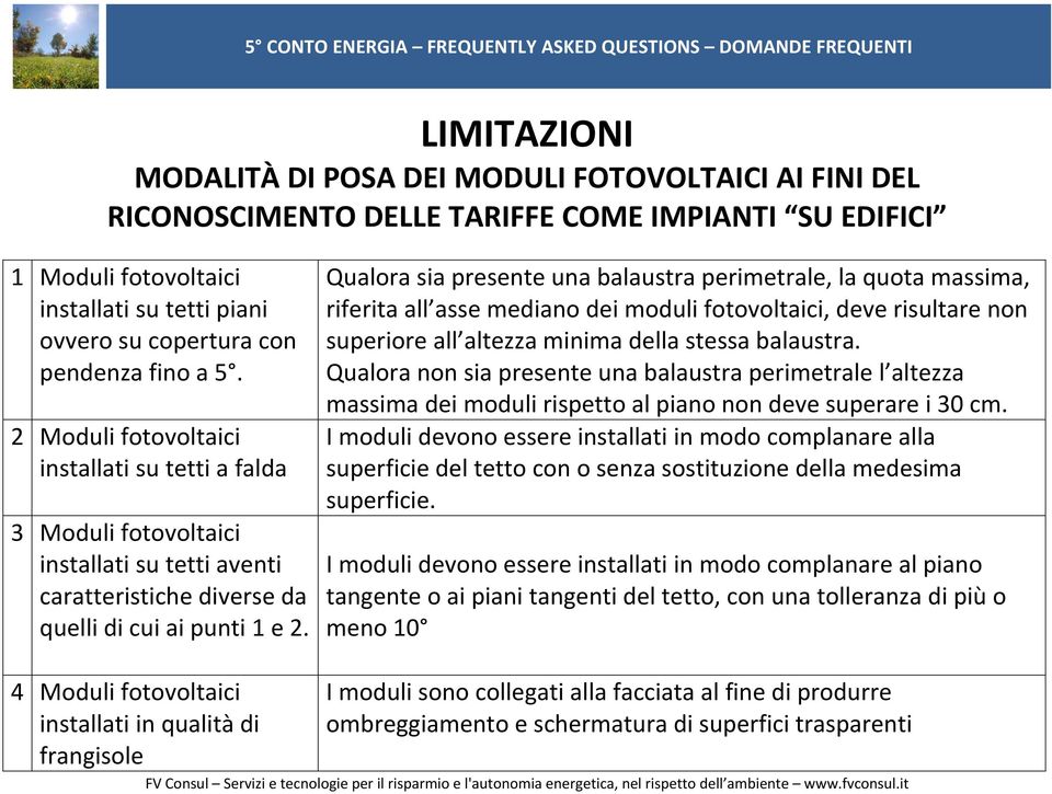 Qualora sia presente una balaustra perimetrale, la quota massima, riferita all asse mediano dei moduli fotovoltaici, deve risultare non superiore all altezza minima della stessa balaustra.