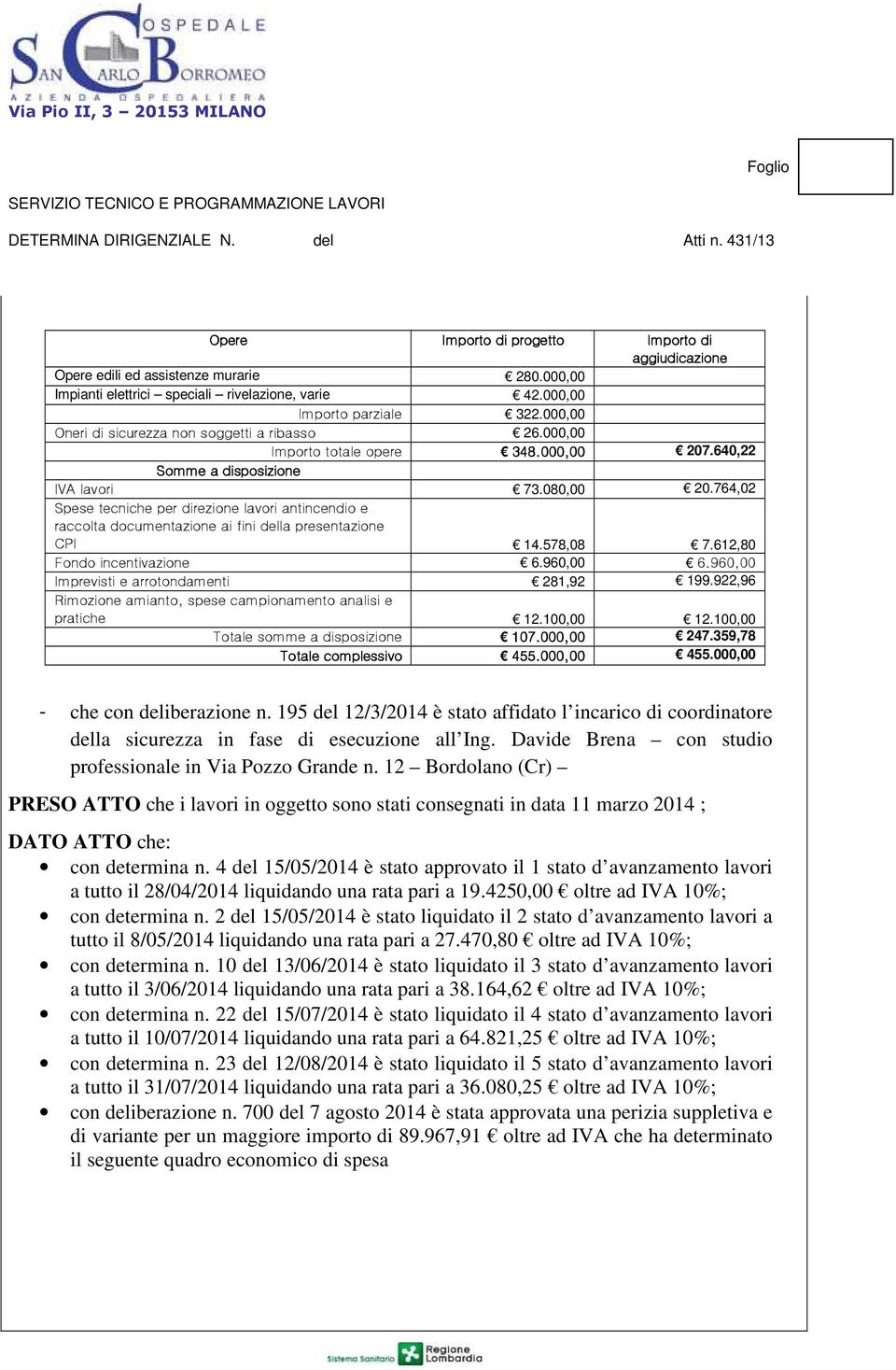 764,02 Spese tecniche per direzione lavori antincendio e raccolta documentazione ai fini della presentazione CPI 14.578,08 7.612,80 Fondo incentivazione 6.960,00 6.