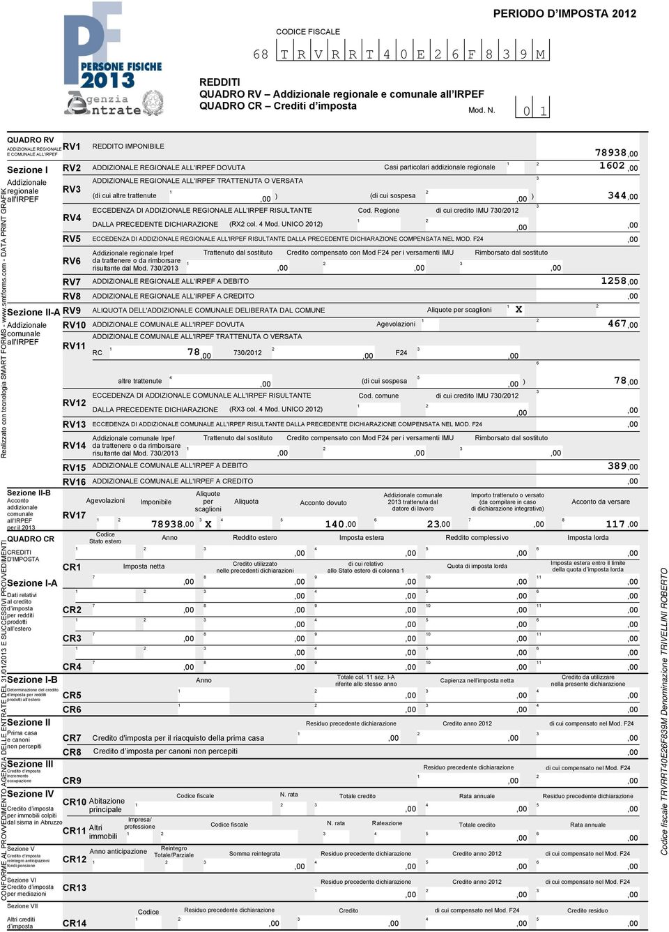 CONFORME AL PROVVEDIMENTO AGENZIA DELLE ENTRATE DEL /0/0 E SUCCESSIVI PROVVEDIMENTI Sezione II-B Acconto addizionale comunale all IRPEF per il 0 QUADRO CR CREDITI D'IMPOSTA Sezione I-A Dati relativi