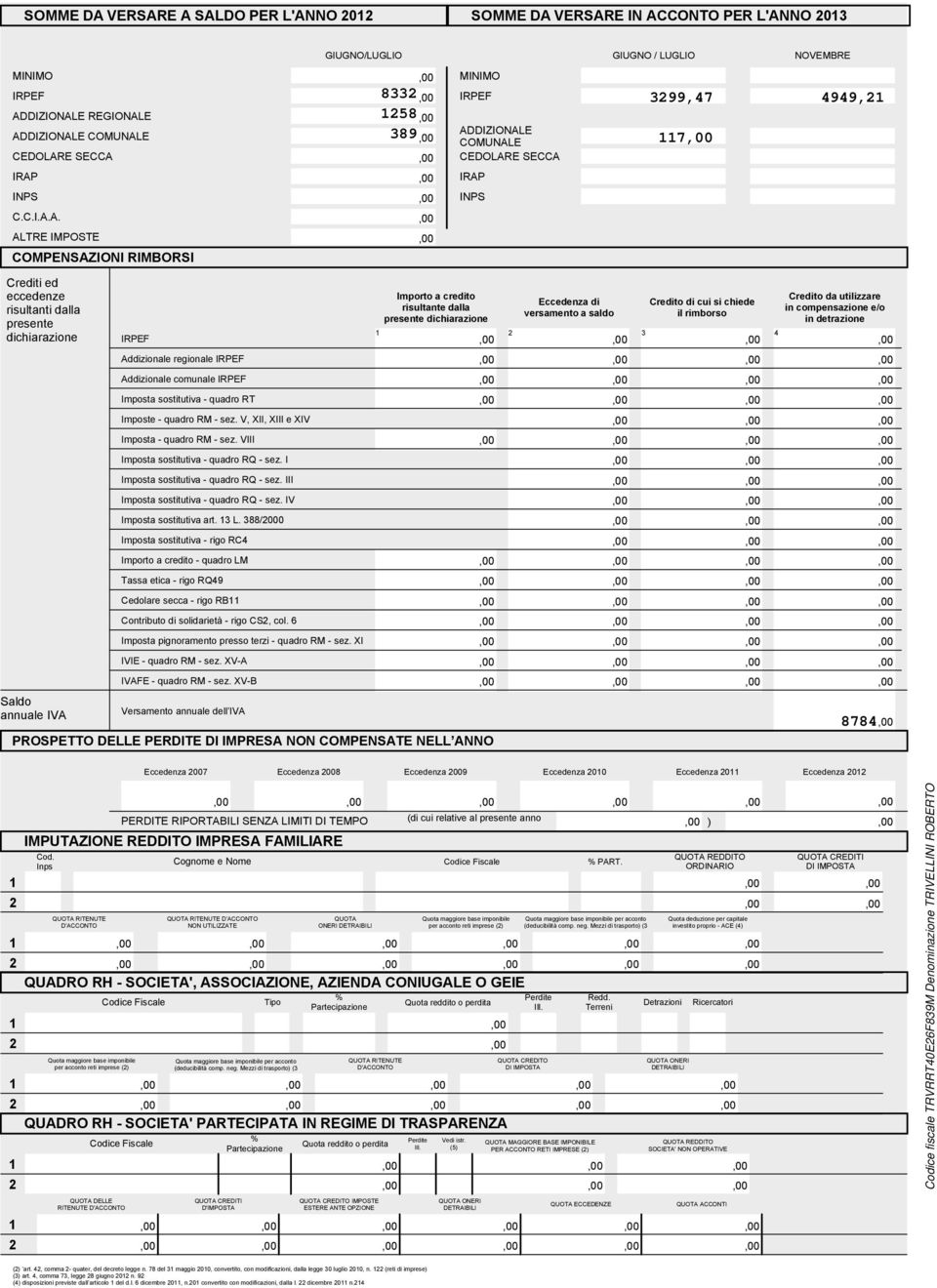 E A SALDO PER L'ANNO 0 E IN ACCONTO PER L'ANNO 0 GIUGNO / LUGLIO NOVEMBRE MINIMO MINIMO IRPEF 8 IRPEF 99 99 IRAP INPS C.C.I.A.A. GIUGNO/LUGLIO ADDIZIONALE REGIONALE ADDIZIONALE COMUNALE CEDOLARE