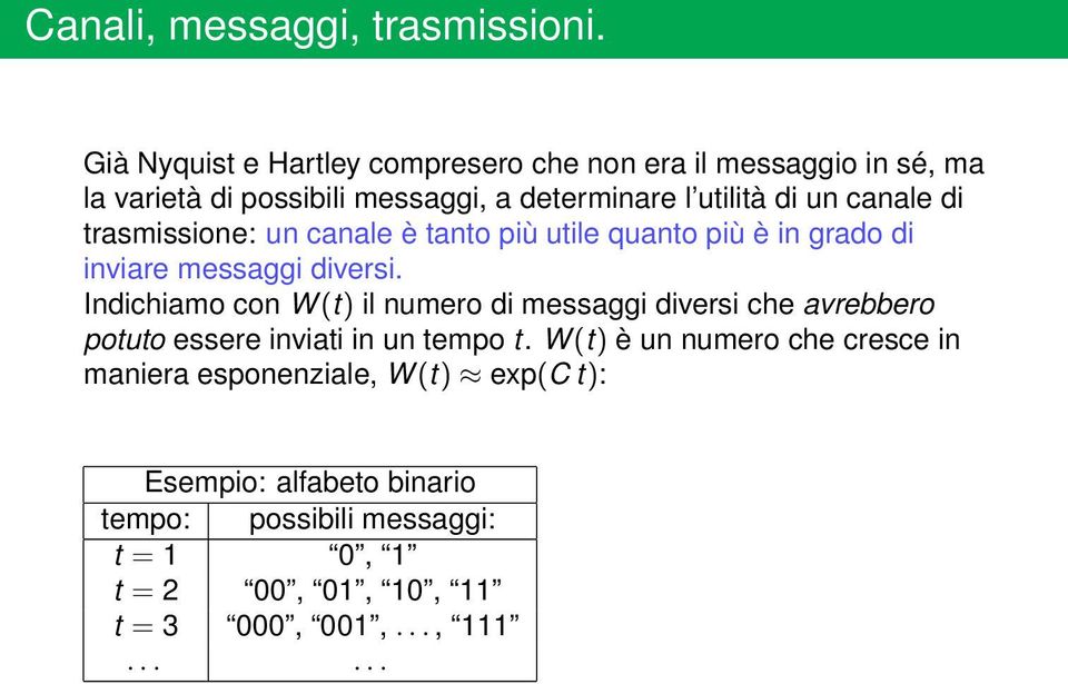 Indichiamo con W (t) il numero di messaggi diversi che avrebbero potuto essere inviati in un tempo t W (t) è un numero che cresce in