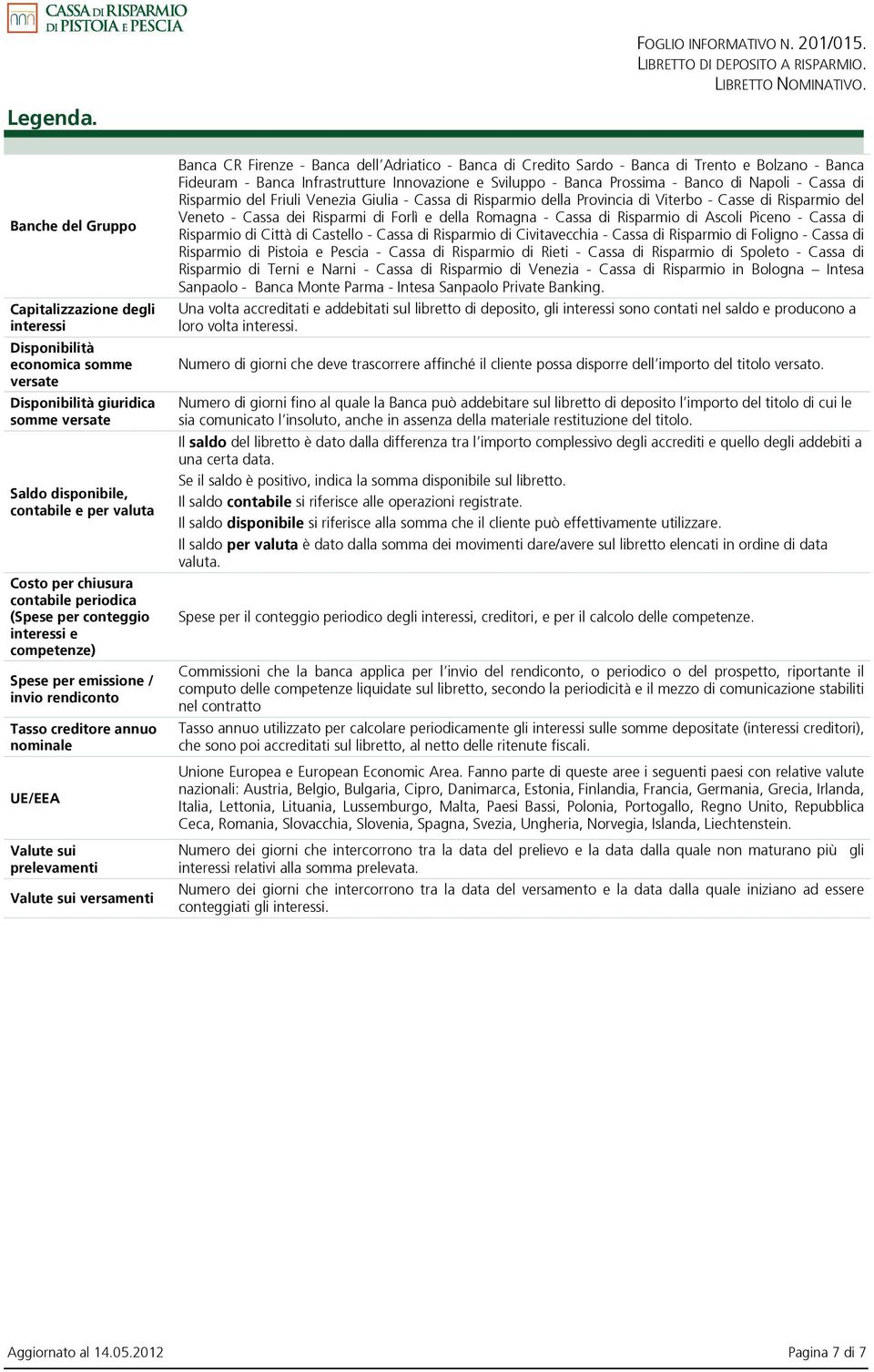 periodica (Spese per conteggio interessi e competenze) Spese per emissione / invio rendiconto Tasso creditore annuo nominale UE/EEA Valute sui prelevamenti Valute sui versamenti Banca CR Firenze -