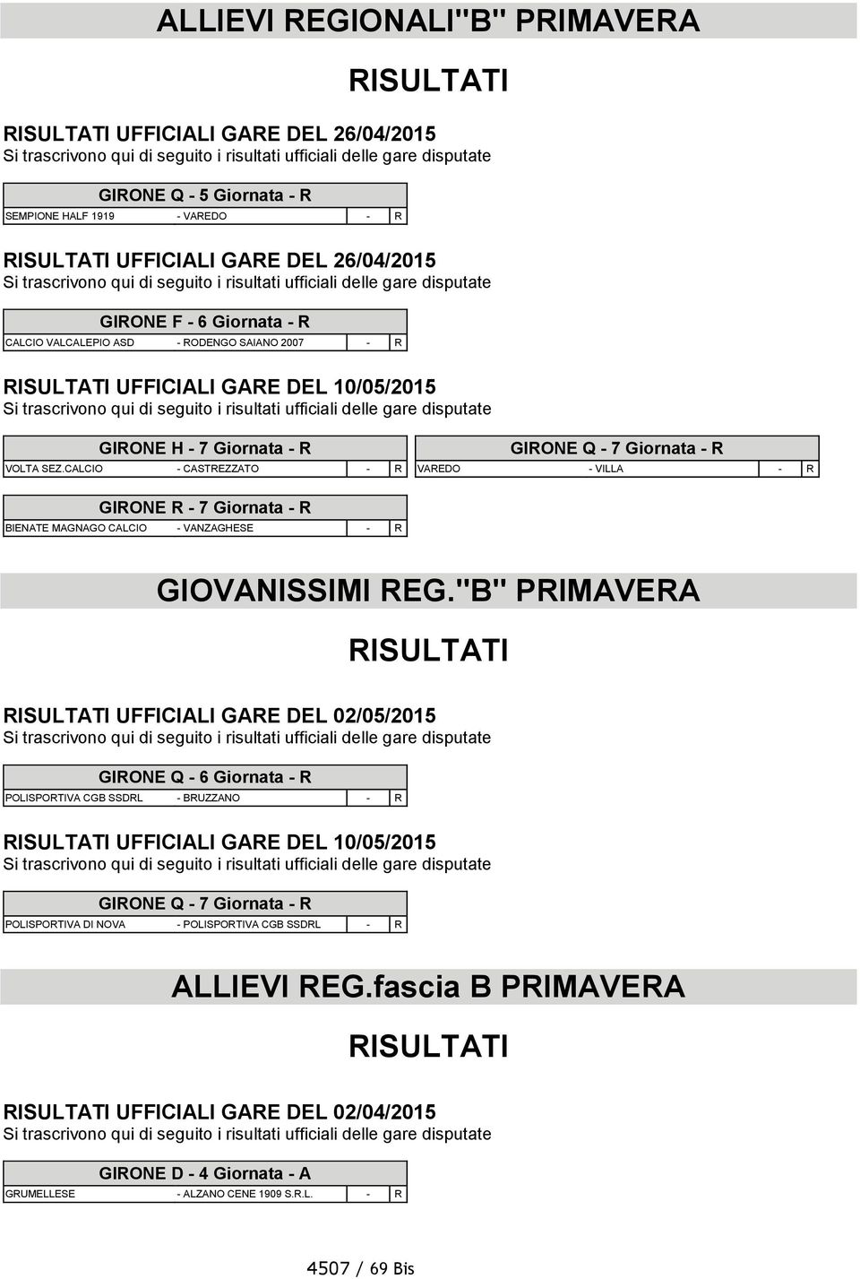 CALCIO - CASTREZZATO - R GIRONE Q - 7 Giornata - R VAREDO - VILLA - R GIRONE R - 7 Giornata - R BIENATE MAGNAGO CALCIO - VANZAGHESE - R GIOVANISSIMI REG.