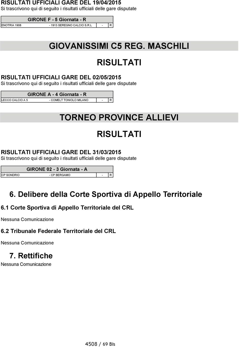 GARE DEL 31/03/2015 GIRONE 02-3 Giornata - A CP SONDRIO - CP BERGAMO - R 6. Delibere della Corte Sportiva di Appello Territoriale 6.