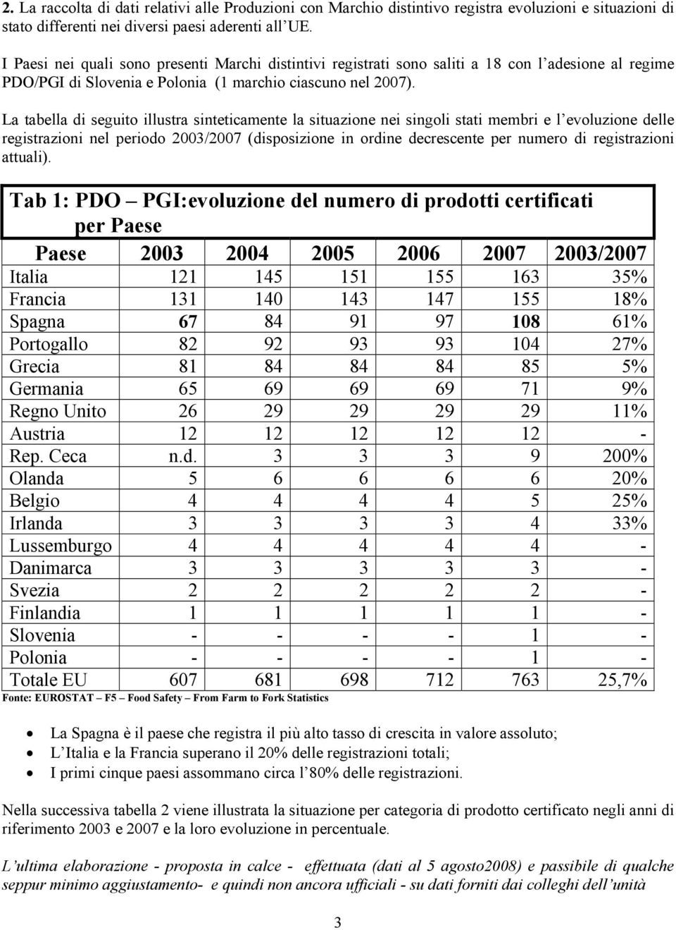 La tabella di seguito illustra sinteticamente la situazione nei singoli stati membri e l evoluzione delle registrazioni nel periodo 2003/2007 (disposizione in ordine decrescente per numero di