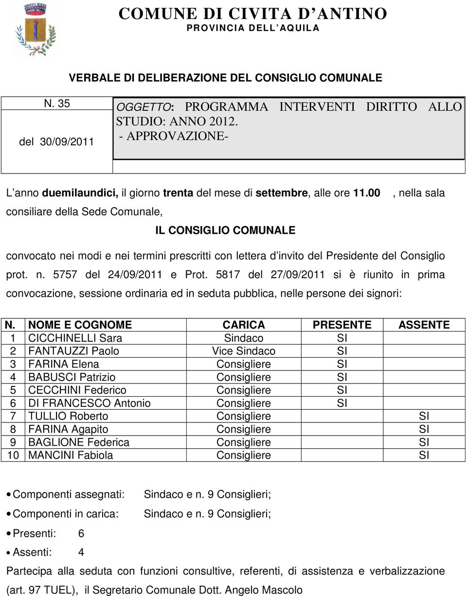 00 consiliare della Sede Comunale, IL CONSIGLIO COMUNALE, nella sala convocato nei modi e nei termini prescritti con lettera d invito del Presidente del Consiglio prot. n. 5757 del 24/09/2011 e Prot.