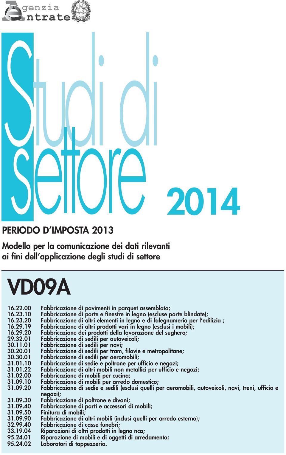 29.19 Fabbricazione di altri prodotti vari in legno (esclusi i mobili); 16.29.20 Fabbricazione dei prodotti della lavorazione del sughero; 29.32.01 Fabbricazione di sedili per autoveicoli; 30.11.