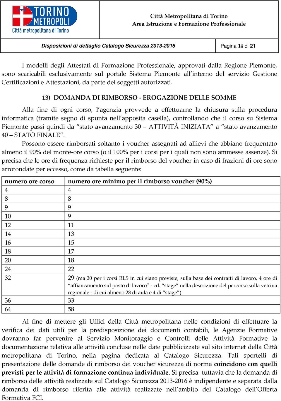 13) DOMANDA DI RIMBORSO - EROGAZIONE DELLE SOMME Alla fine di ogni corso, l agenzia provvede a effettuarne la chiusura sulla procedura informatica (tramite segno di spunta nell apposita casella),