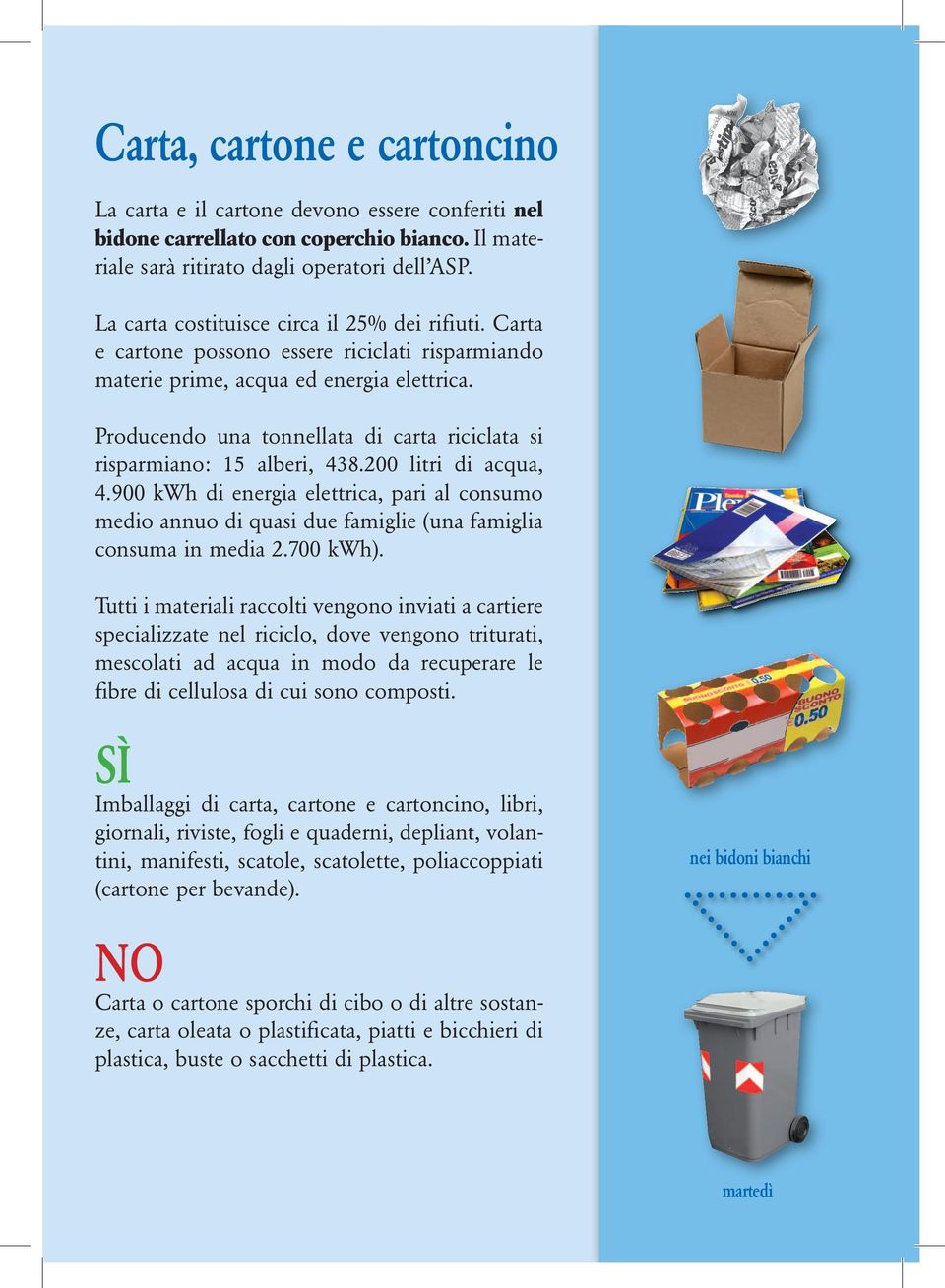 Producendo una tonnellata di carta riciclata si risparmiano: 15 alberi, 438.200 litri di acqua, 4.