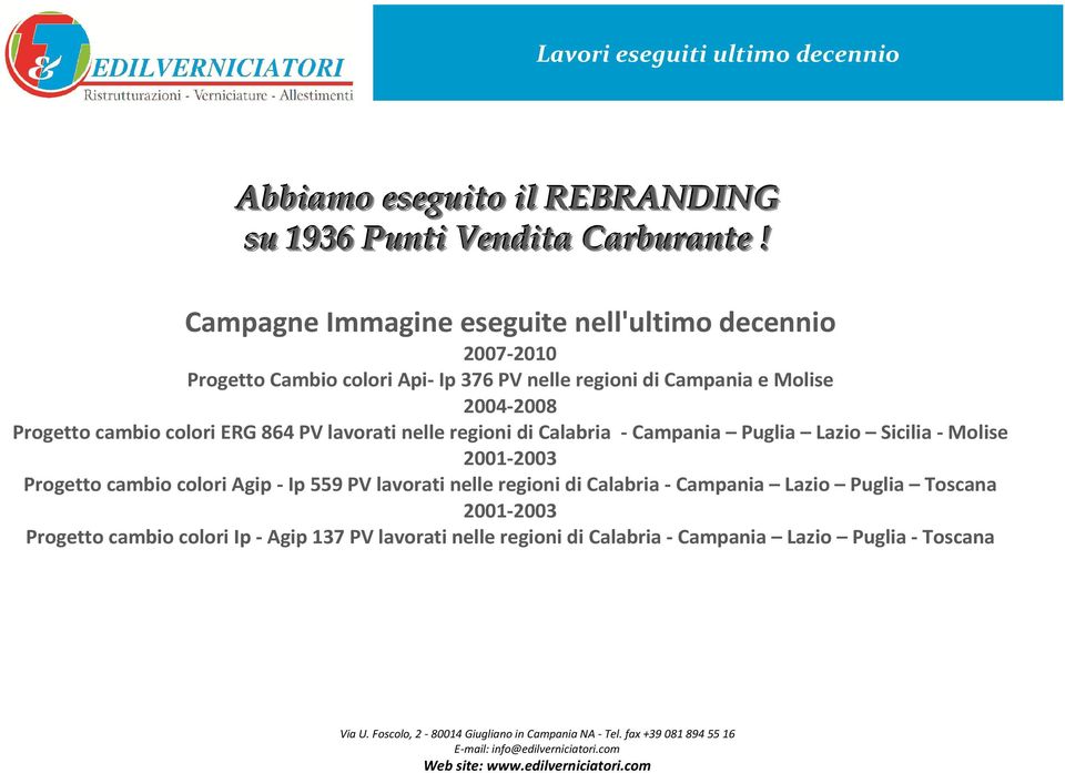 Progetto cambio colori ERG 864 PV lavorati nelle regioni di Calabria - Campania Puglia Lazio Sicilia - Molise 2001-2003 Progetto cambio colori