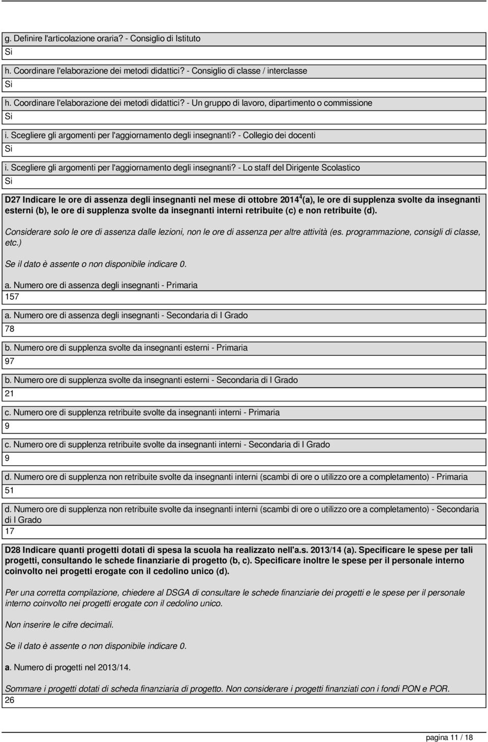 - Lo staff del Dirigente Scolastico D27 Indicare le ore di assenza degli insegnanti nel mese di ottobre 2014 4 (a), le ore di supplenza svolte da insegnanti esterni (b), le ore di supplenza svolte da