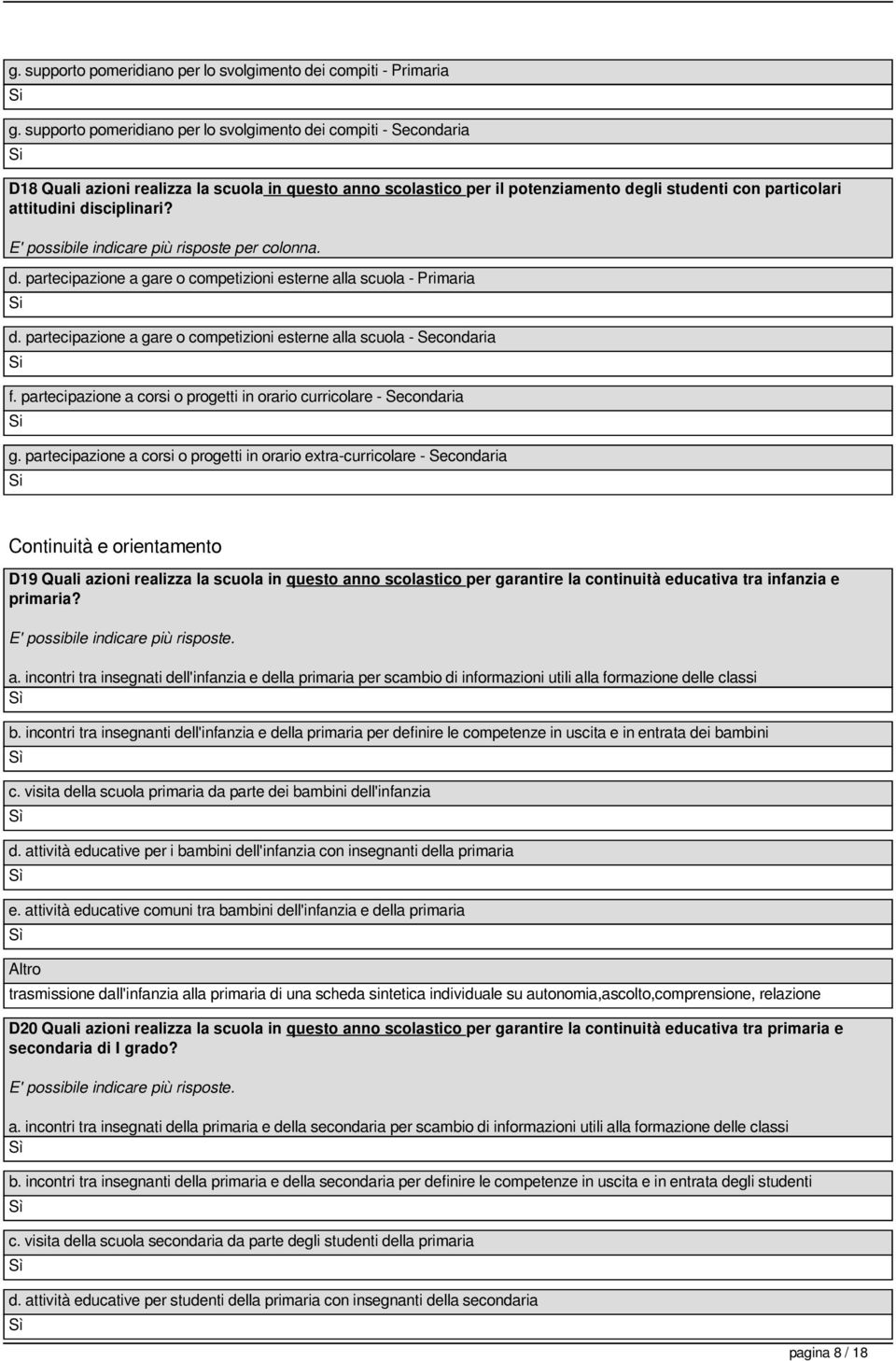 disciplinari? E' possibile indicare più risposte per colonna. d. partecipazione a gare o competizioni esterne alla scuola - Primaria d.