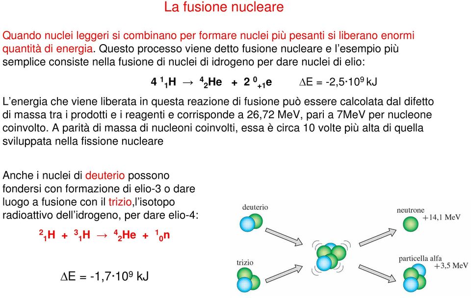 liberata in questa reazione di fusione può essere calcolata dal difetto di massa tra i prodotti e i reagenti e corrisponde a 26,72 MeV, pari a 7MeV per nucleone coinvolto.