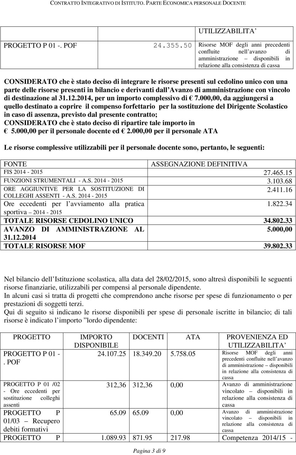 risorse presenti in bilancio e derivanti dall Avanzo di amministrazione con vincolo di destinazione al 31.12.2014, per un importo complessivo di 7.