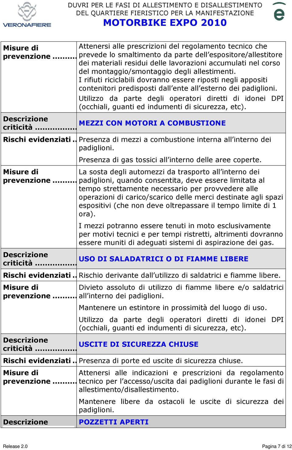 I rifiuti riciclabili dovranno essere riposti negli appositi contenitori predisposti dall ente all esterno dei padiglioni. ṂEZZI CON MOTORI A COMBUSTIONE Rischi evidenziati.