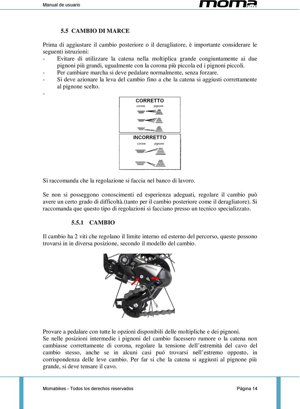 - Si deve azionare la leva del cambio fino a che la catena si aggiusti correttamente al pignone scelto. - Si raccomanda che la regolazione si faccia nel banco di lavoro.